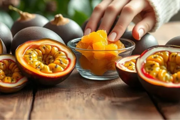 Fruit de la passion et pulpe dans un petit bol sur une table, montrant une façon simple de le consommer pour
alléger ses collations.
