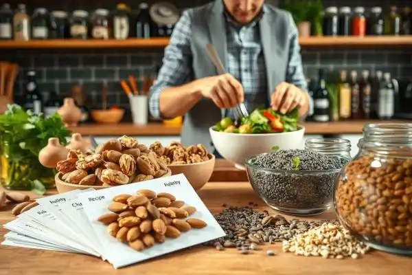 préparation d'une salade avec plusieurs bols d'oléagineux sur le plan de travail