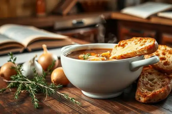 Soupe à l'oignon crémeuse persil bol blanc oignons ail frais détox foie