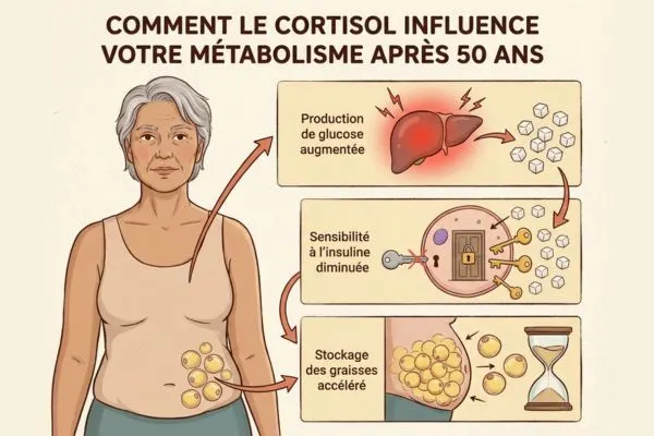 Schéma montrant l’impact du cortisol sur le métabolisme après 50 ans