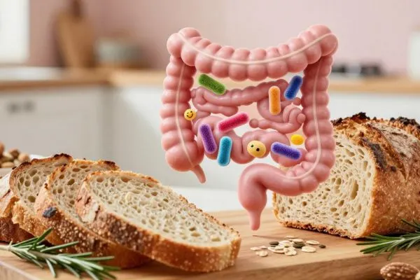 Illustration du microbiote intestinal en bonne santé grâce au pain complet riche en fibres