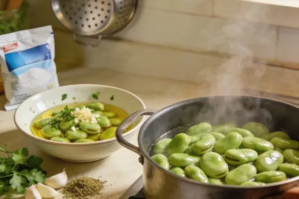 Préparation culinaire de fèves cuites et assaisonnées pour une meilleure digestibilité