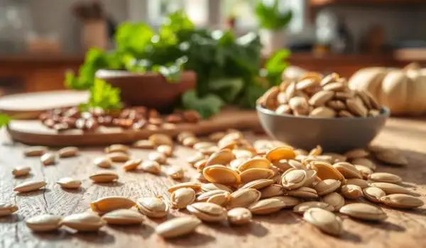 Graines de courge étalées sur table, rappel des apports en zinc, magnésium et acides gras
