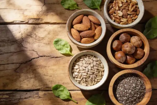 Vue de dessus de petits bols en céramique et en bois remplis d'amandes, de noix,
de noisettes et de graines de chia sur une table en chêne rustique, pour évoquer le côté bio