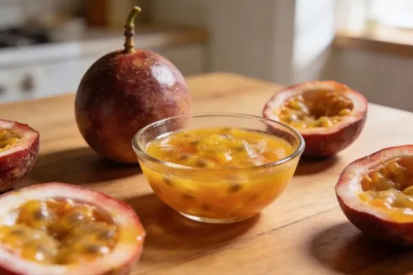 Fruit de la passion entier et coupé en deux avec un bol de pulpe sur une table en bois, illustrant une façon simple de le consommer