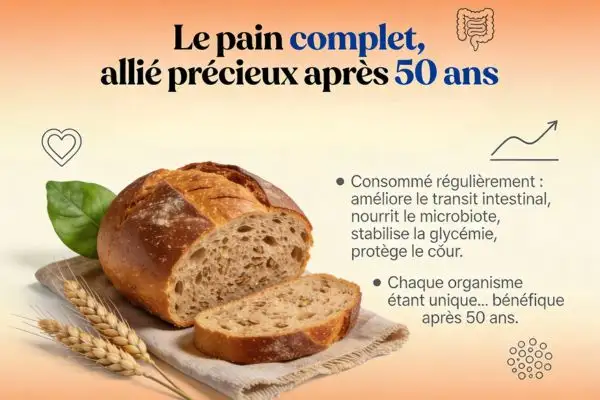 Infographie : pain complet avec texte « Le pain complet, allié précieux après 50 ans » et puces décrivant les bénéfices sur le transit, le microbiote, la glycémie et le cœur