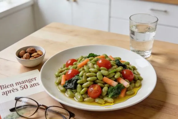 Fèves servies dans un plat sain symbolisant une stratégie nutritionnelle après 50 ans