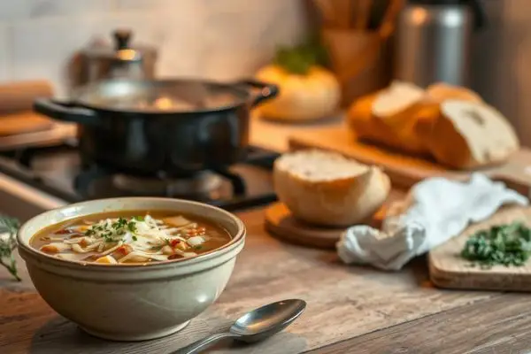 Bol soupe à l'oignon pain grillé herbes table bois ingrédients frais conseils