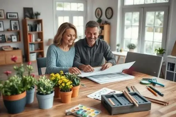Couple mature travaillant ensemble à une table entourée de plantes et de matériel créatif pour planifier de nouveaux projets