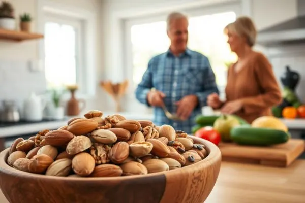 bol d'oléagineux au premier plan avec couple senior cuisinant des légumes en arrière‑plan