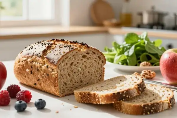 Tranches de pain complet accompagnées de légumes pour illustrer satiété et contrôle du poids