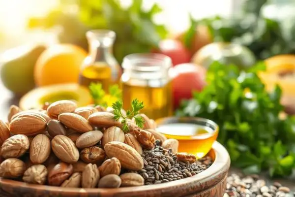 bol d'oléagineux entouré de fruits, d'huiles et de verdures sur une table de cuisine