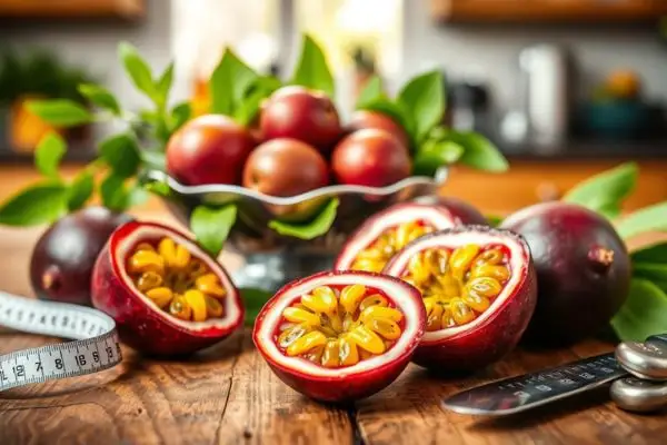 Fruit de la passion coupé en deux posé près d’un ruban métrique, illustrant l’effet des fibres sur la satiété
et le contrôle du poids.
