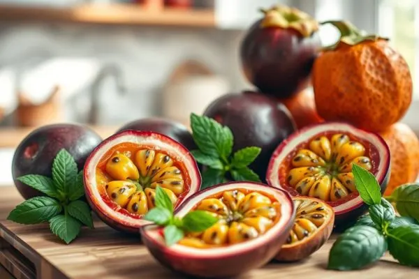 Assortiment de fruits de la passion entiers et ouverts sur une planche en bois, symbolisant un fruit exotique intégré
dans une alimentation équilibrée après 50 ans.