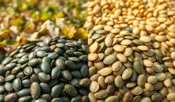 Graines de courge vertes et claires, comparaison visuelle bio et conventionnelles, focus qualité