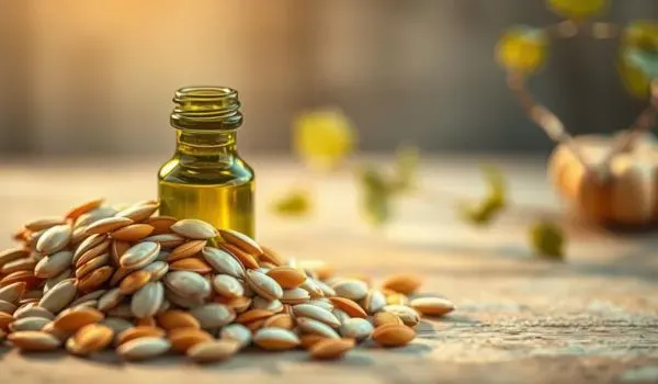 Graines de courge et petite bouteille d’huile, comparaison graines entières versus huile