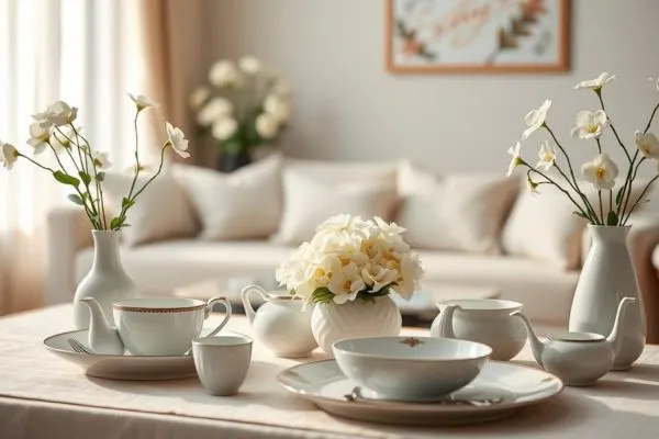Table dressée avec vaisselle raffinée, petite pièce montée blanche et décor de lumières pour une fête de noces de porcelaine