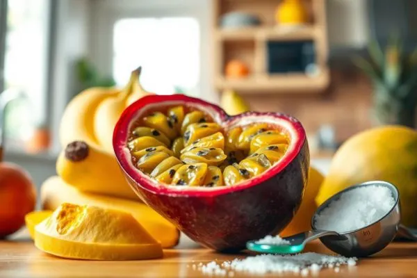 Fruit de la passion ouvert accompagné de banane, mangue et sucre en poudre, pour illustrer la comparaison
de l’indice glycémique et du sucre des fruits.