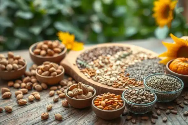 assortiment de bols remplis d'oléagineux et de graines sur une table en bois