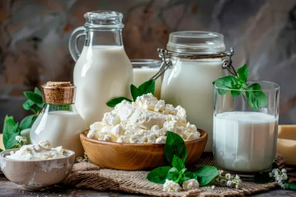 variété de produit laitier sur une table, yaourt, kefir et choucroute pour nourrir le microbiote intestinal