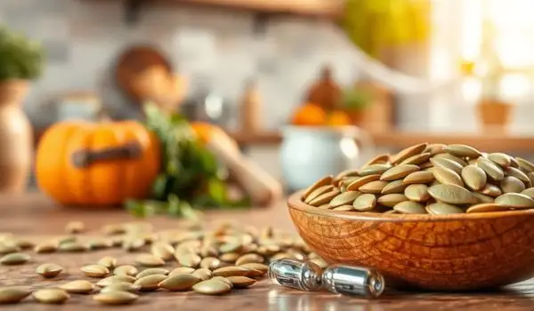 Graines de courge en bol, mise en avant du zinc naturel et de la vitalité chez les seniors