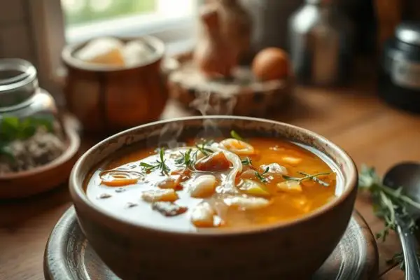 Soupe orange réconfortante légumes bol gris bois pain herbes anti-constipation