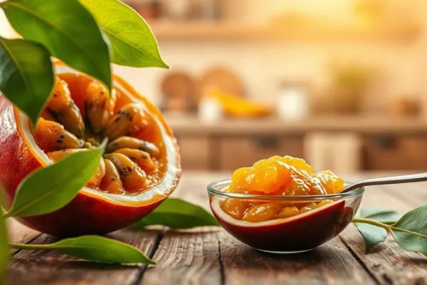 Gros plan sur l’intérieur d’un fruit de la passion rempli de pulpe et de graines, montrant sa richesse en nutriments
et antioxydants.