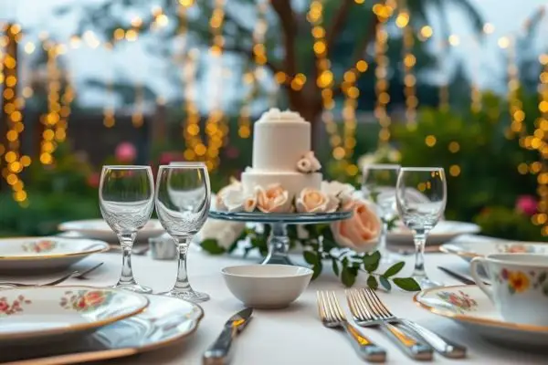 Service de table en porcelaine blanche élégante avec fleurs fraîches, symbolisant la délicatesse et la solidité des 20 ans de mariage