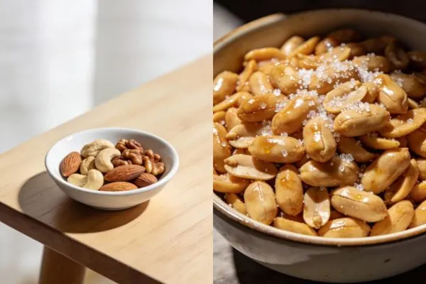 Petite coupelle blanche contenant une portion de 30 g d'amandes et de noix naturelles
à côté d'un grand bol de cacahuètes grasses et très salées,
