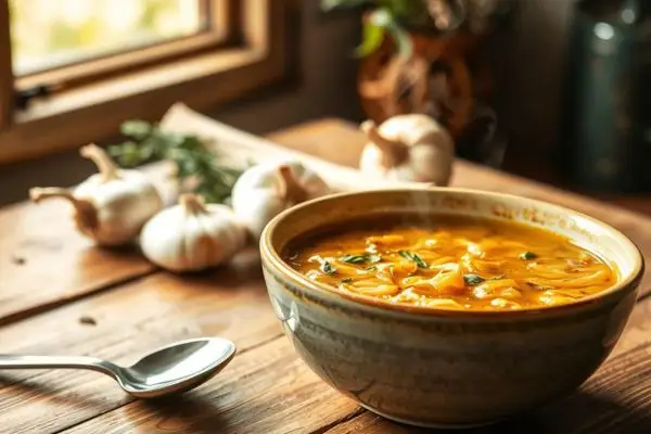 Soupe à l'oignon traditionnelle oignons entiers ail thym planche bois anti-inflammatoire