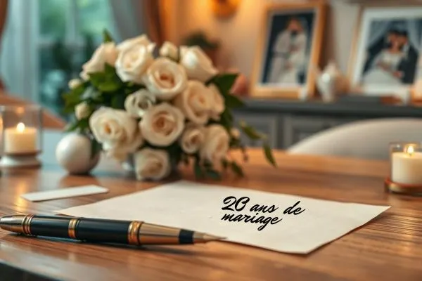 Bureau décoré de roses blanches, avec une carte où est écrit « 20 ans de mariage » et un stylo prêt à écrire un message d'amour