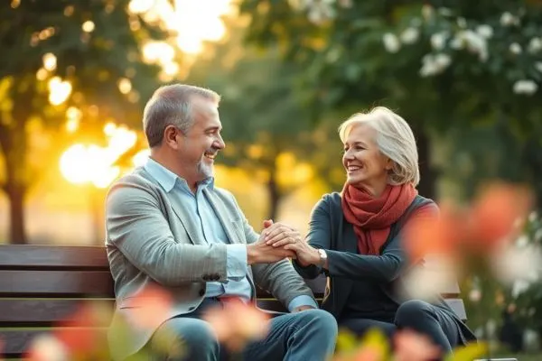 Couple mature assis sur un banc dans un parc, se tenant les mains et échangeant un regard bienveillant