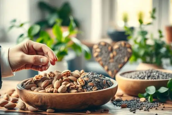 main prenant des oléagineux dans un bol avec décor en forme de cœur en arrière‑plan
