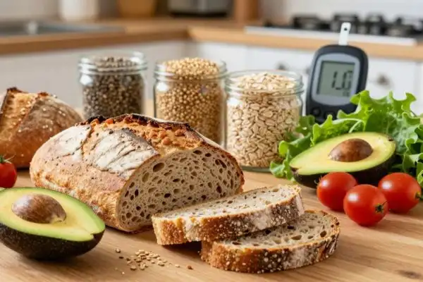 Pain complet avec aliments sains et lecteur de glycémie pour illustrer un index glycémique stable