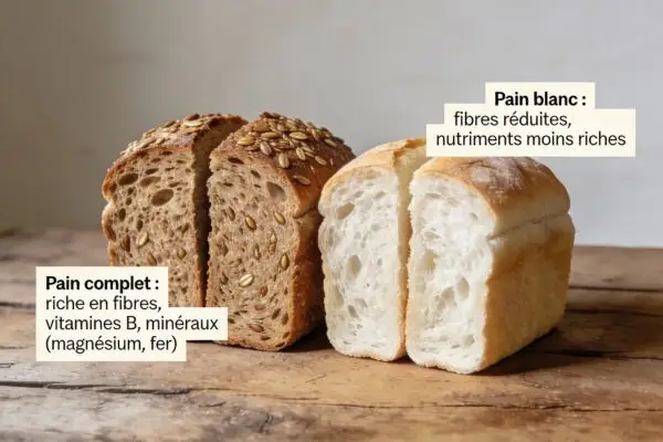 Pain complet et pain blanc côte à côte pour montrer leurs différences nutritionnelles