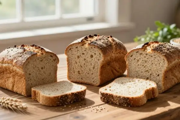 Différents pains complets et aux céréales alignés sur une table pour comparer leurs bénéfices
