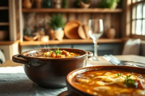 Soupe à l'oignon croûtons fromage deux bols table bougies ambiance seniors