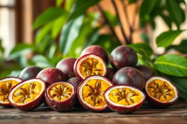 Plusieurs fruits de la passion frais posés sur une table, mettant en avant un aliment bénéfique pour la santé
après 50 ans.