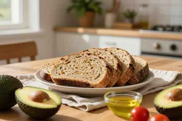 Pain complet entouré d’aliments sains pour montrer son intérêt dans l’alimentation après 50 ans