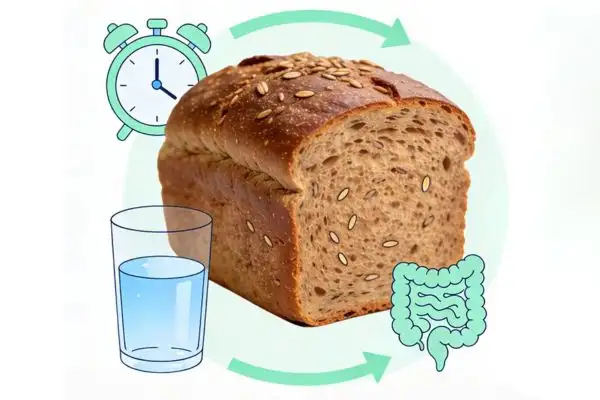 Pain complet aux graines entouré d’icônes illustrant un verre d’eau, un intestin stylisé et une horloge, symbolisant digestion et bon rythme digestif