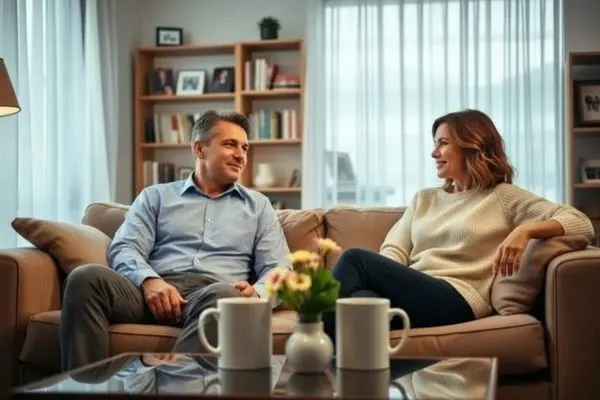 Couple de seniors assis dans le salon avec deux tasses de café, discutant sereinement face à face