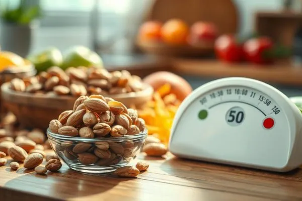 petit bol d'oléagineux posé à côté d'un cadran indiquant la portion quotidienne
