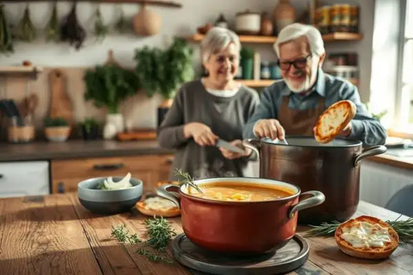 Couple senior prépare soupe à l'oignon cuisine chaleureuse cocotte recette facile