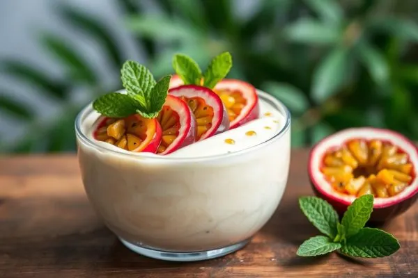 Verrine de yaourt ou fromage blanc garnie de tranches de fruit de la passion et de menthe, illustrant un dessert
léger et gourmand.