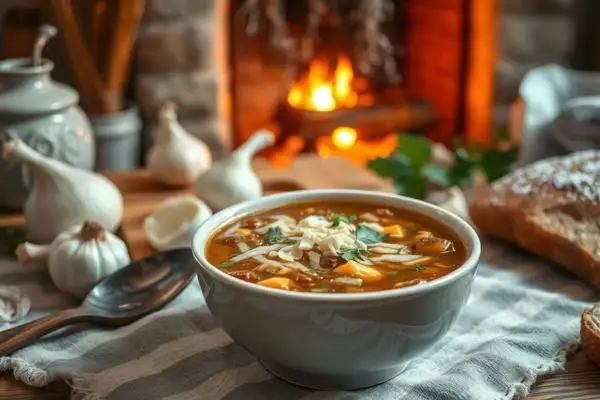 Soupe à l'oignon croûtons parmesan cheminée allumée immunité hiver