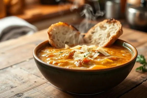 Soupe à l'oignon gratinée avec pain croustillant fromage fondu bol terre cuite seniors