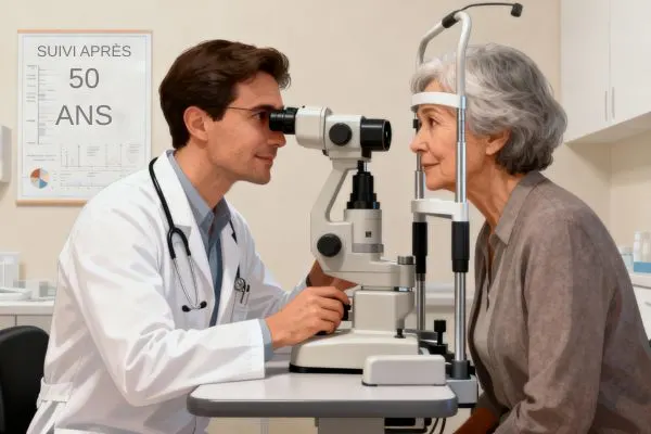 femme en consultation ophtalmologique et suivi après 50 ans pour protéger la rétine