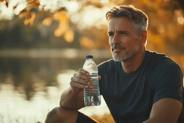 Homme de plus de 50 ans assis au bord du lac calmement avec une bouteille d’eau pendant un jeûne hydrique