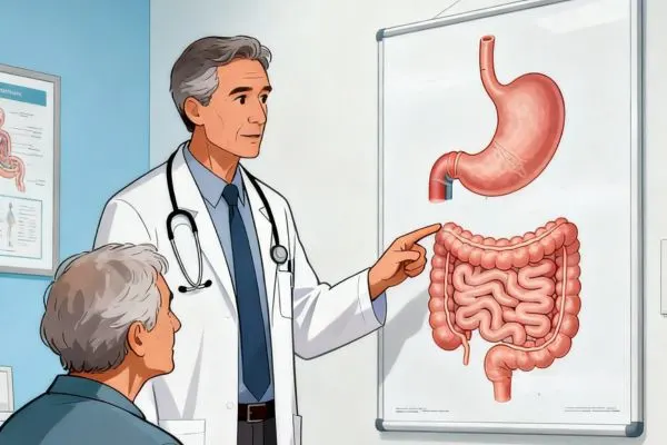Médecin expliquant à un patient de plus de 50 ans les causes de diarrhée chronique sur un schéma anatomique du système digestif