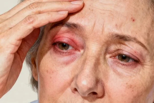 Femme de plus de 50 ans portant la main à son front et à l’œil, ressentant les premiers symptômes du zona ophtalmique